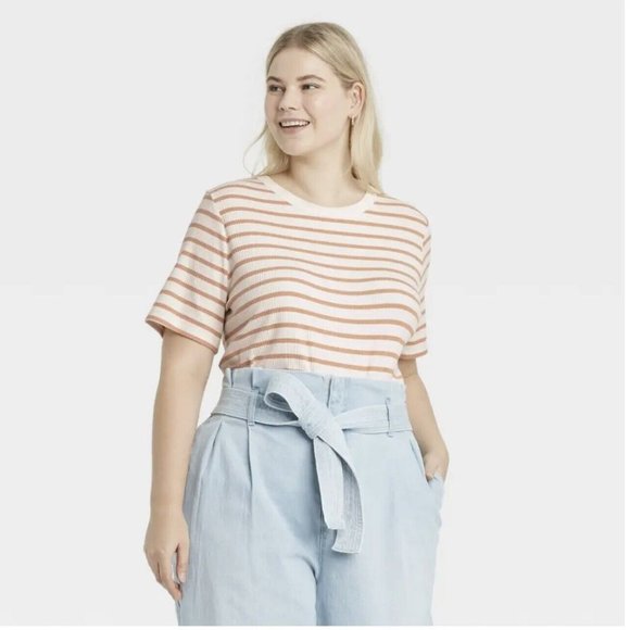a new day Tops - New A New Day Women's Striped Short Sleeve Ribbed T-Shirt Beige & White